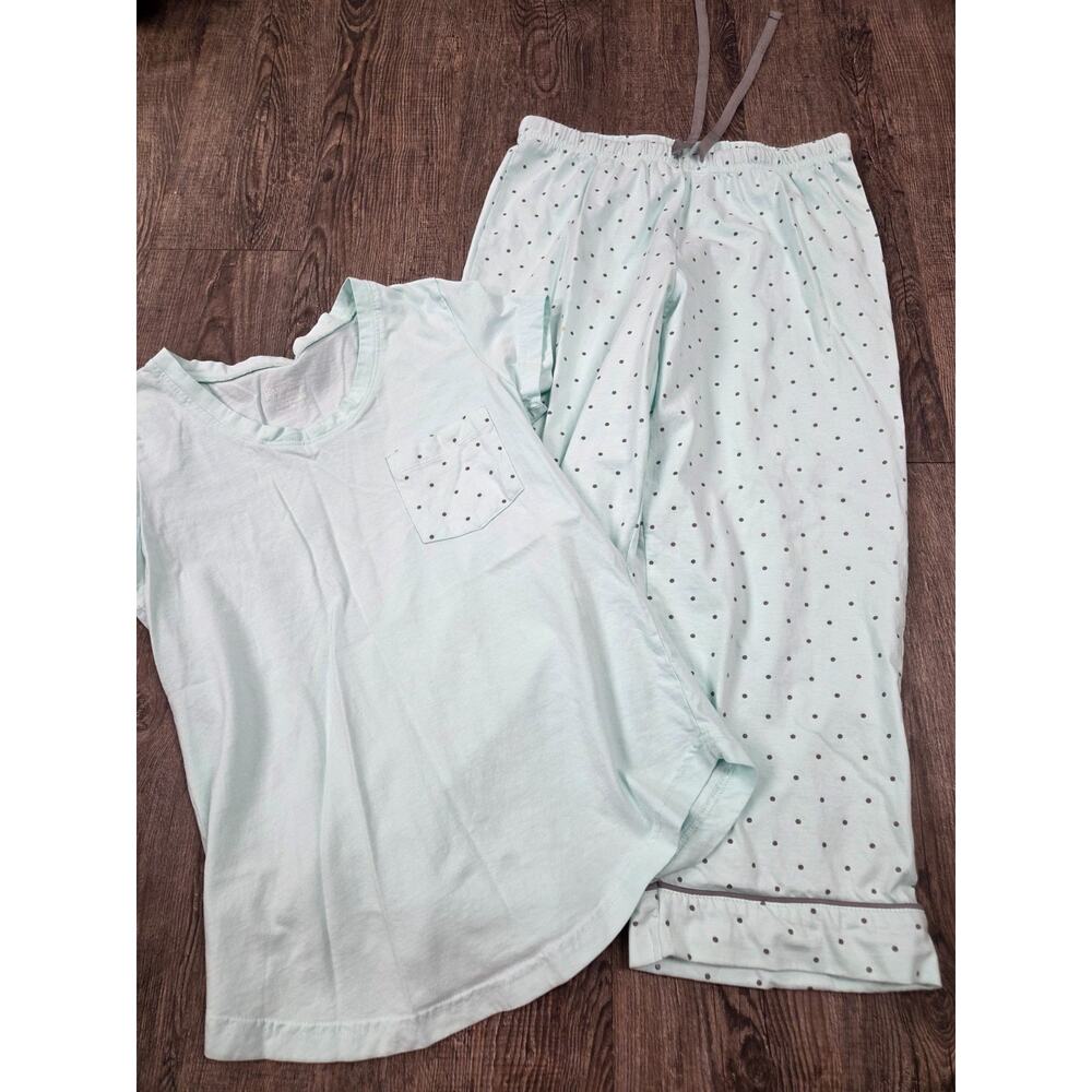 PajamaGram Women's XS Pajama Set Shirt Pants Light Aqua Gray Polkadots